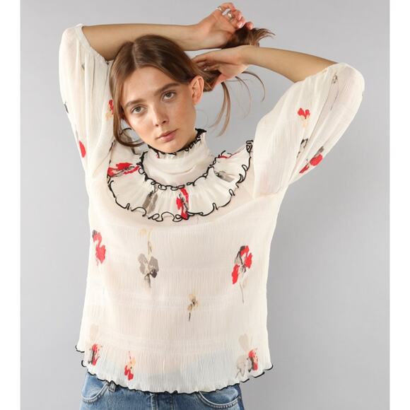 Ganni Pleated Ruffled Cream Floral Lowell Blouse Shirt Size 36 US 4 - Picture 9 of 11